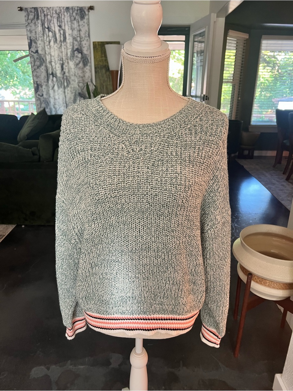 Express Marled Gray Crewneck Sweater with Pink & Black Striped Hem
